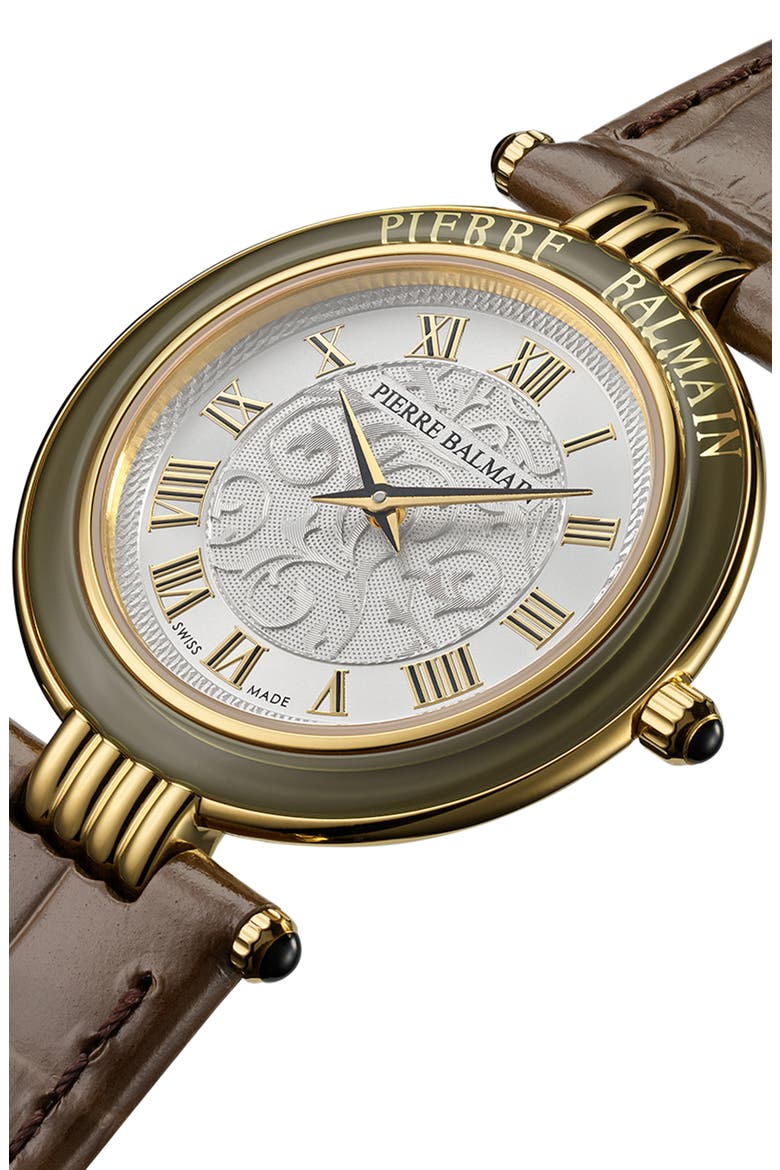 Haute Elegance Leather Strap Watch, 30mm, Alternate, color, STAINLESS STEEL WITH BROWN