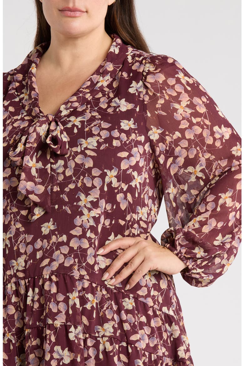 Tie Neck Tiered Minidress, Alternate, color, BURGUNDY- PINK MAPLE FLORAL