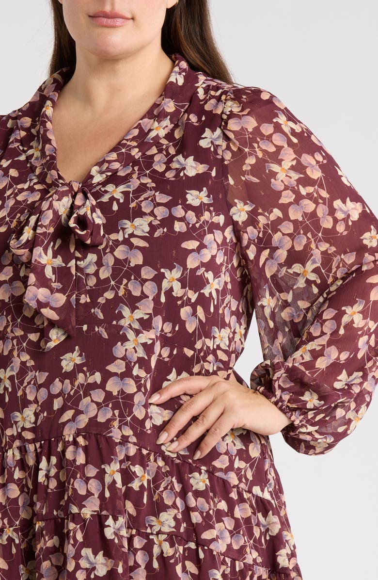 Chelsea28 Tie Neck Tiered Minidress, Alternate, color, Burgundy- Pink Maple Floral