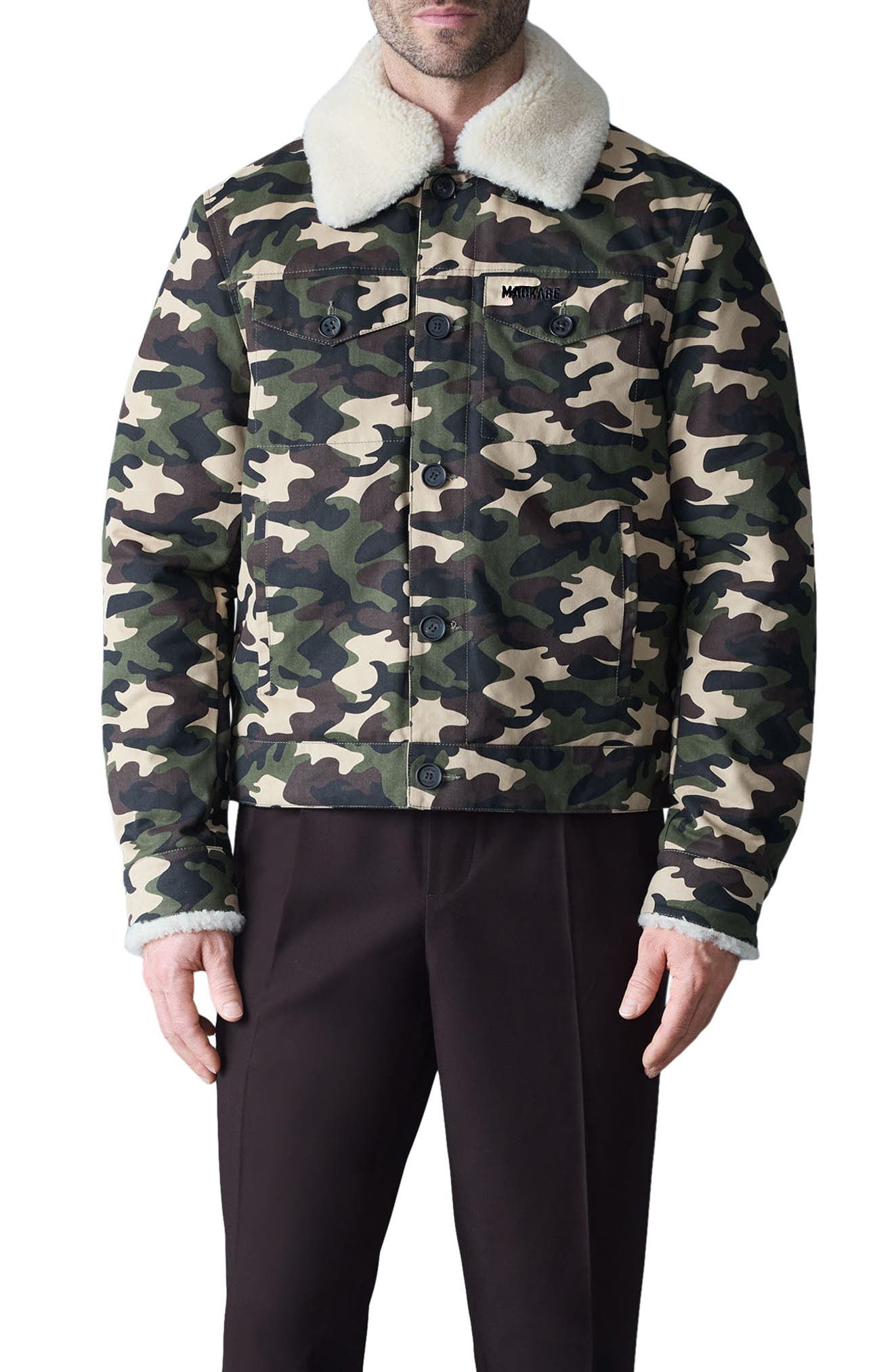 Mackage Nash Camo Cotton Trucker Jacket with Removable Genuine Shearling Collar