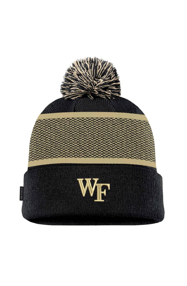 Nike Youth Nike Black Wake Forest Demon Deacons 2024 Sideline Peak Cuffed Knit Hat with Pom, Main, color, Black