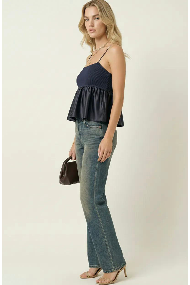 Knit Ribbed Bodice Satin Babydoll Cami Top, Alternate, color, Navy Blue