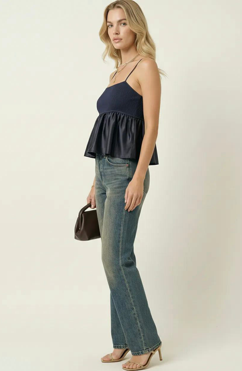 Modenaire Knit Ribbed Bodice Satin Babydoll Cami Top, Alternate, color, Navy Blue