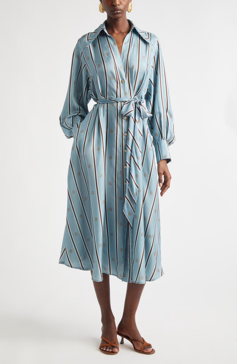 Zimmermann Emblem Tuck Long Sleeve Belted Midi Silk Shirtdress, Main, color, Blue Emblem