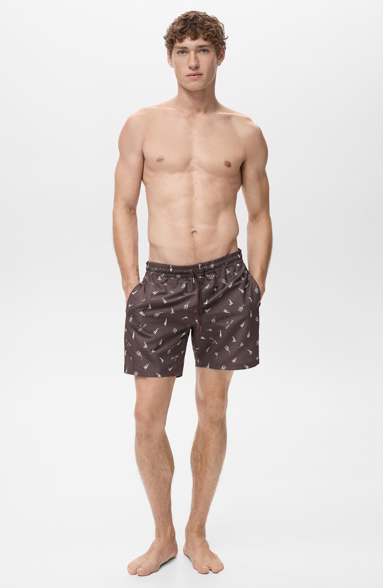 MANGO Sailboat Print Swim Trunks, Alternate, color, Brown