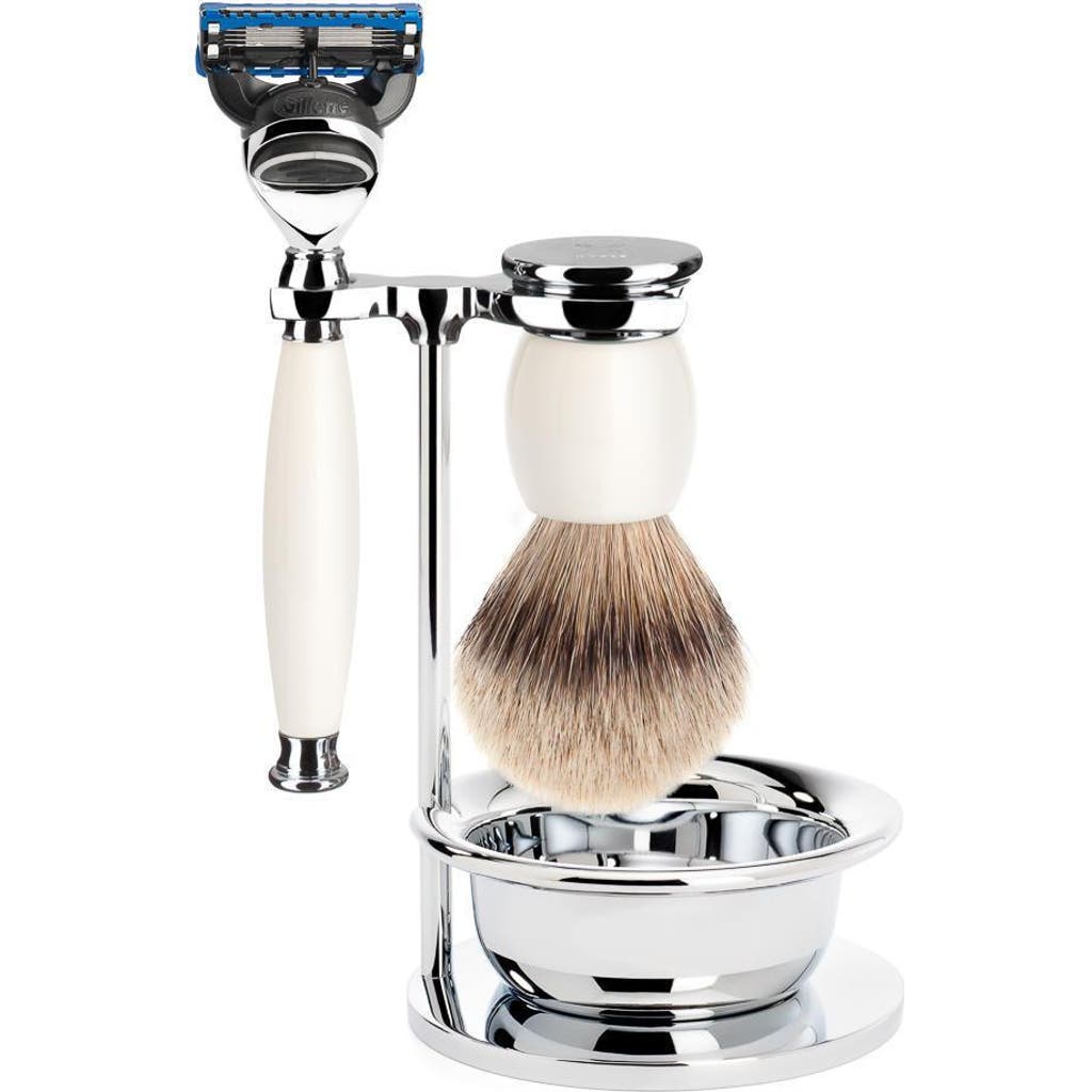 Mühle Sophist Porcelain 4-piece Silvertip Badger & Fusion Razor Shaving Set In White