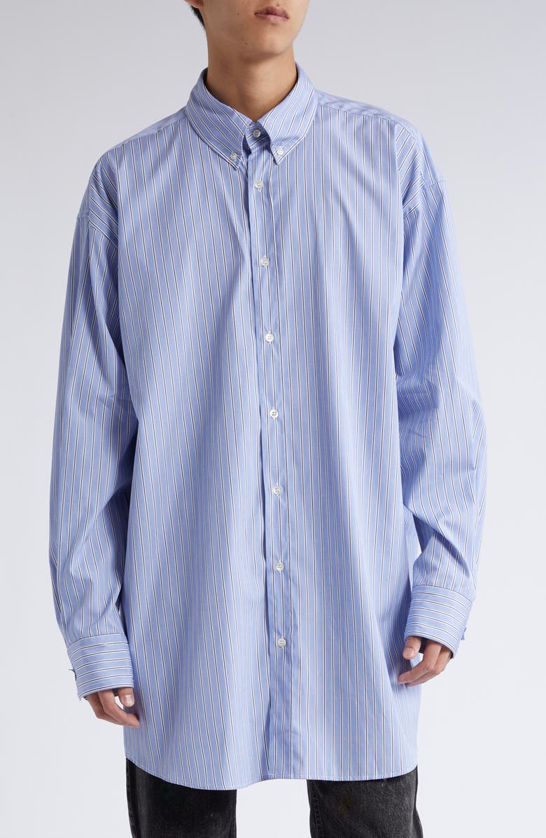 Maison Margiela Stripe Oversize Organic Cotton Oxford Button-Down Shirt, Main, color, Blue Stripes