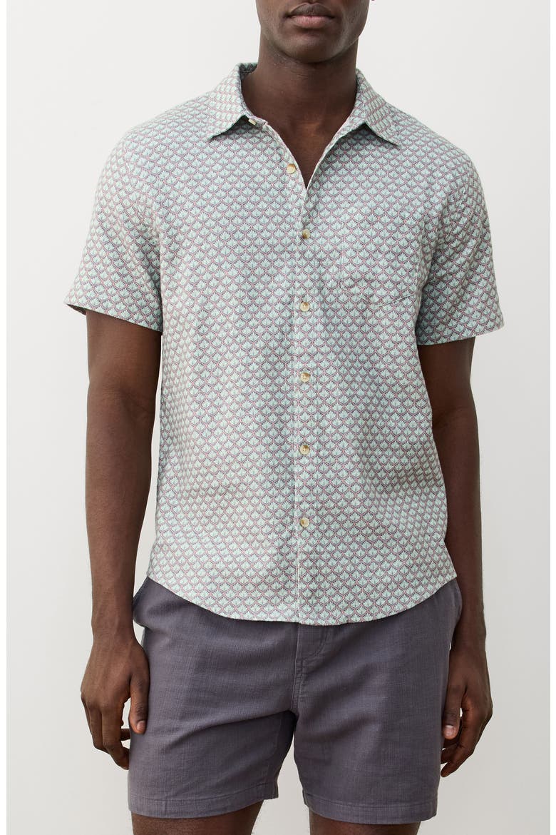 Classic Leaf Print Short Sleeve Stretch Cotton Selvage Button-Up Shirt, Main, color, AQUA AGAVE PRINT