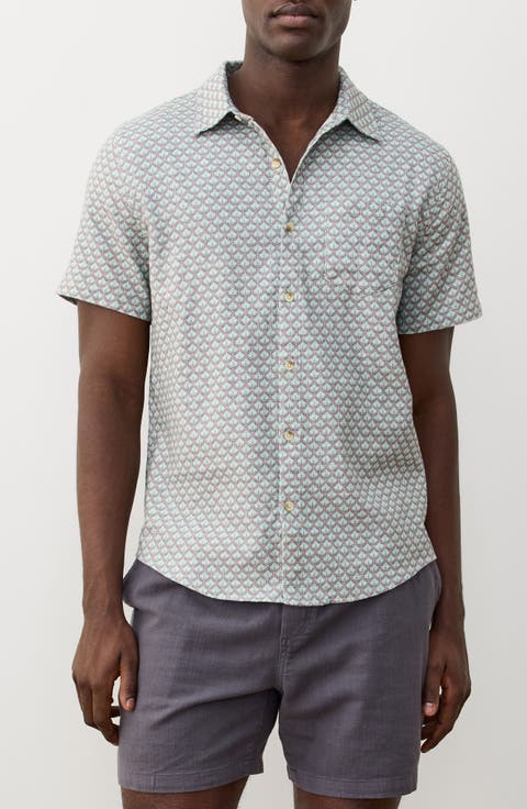 Classic Leaf Print Short Sleeve Stretch Cotton Selvage Button-Up Shirt