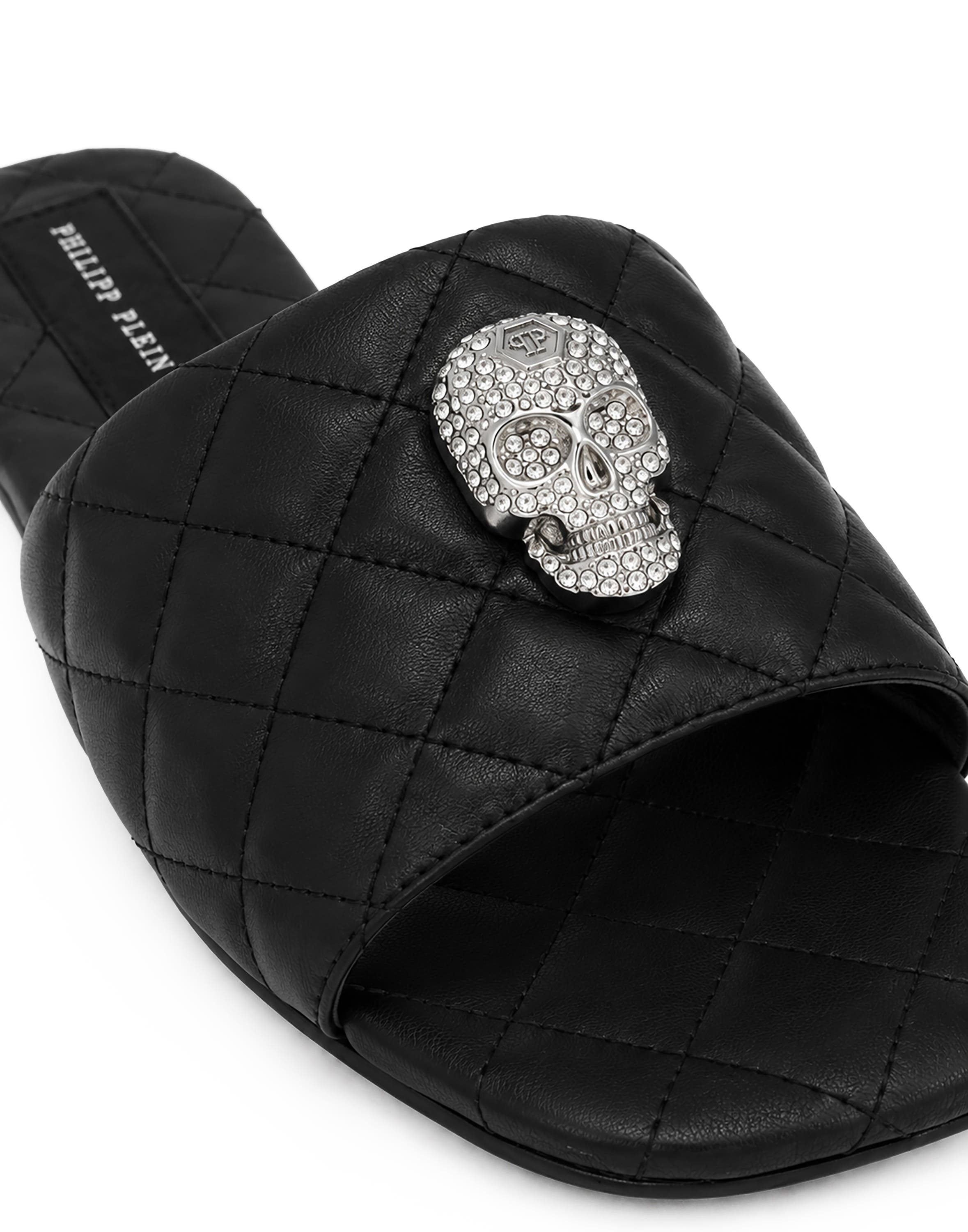 Nappa Flat Matelasse Sandals Crystal Skull Women, Alternate, color, black
