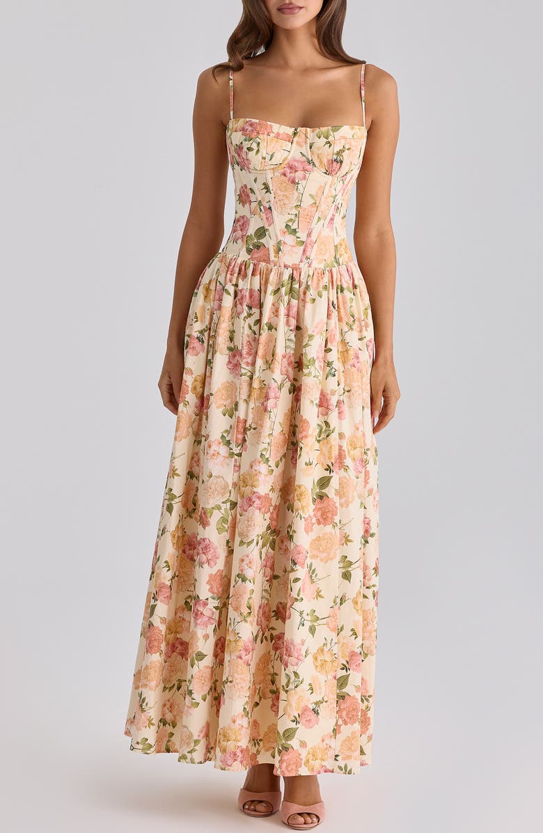 HOUSE OF CB Rona Floral Stretch Cotton Maxi Sundress, Main, color, Warm Rose Print