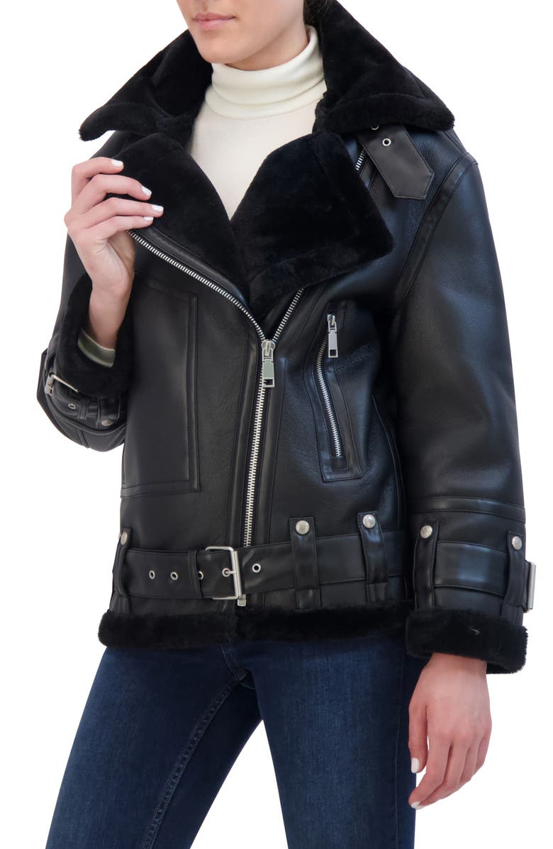 Rebecca Minkoff Faux Leather & Faux Shealing Moto Jacket, Alternate, color,