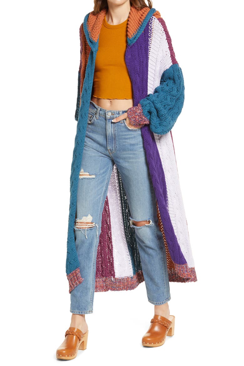 Hearts on Fire Stripe Hooded Long Cardigan, Main, color, HEARTS ON FIRE COMBO