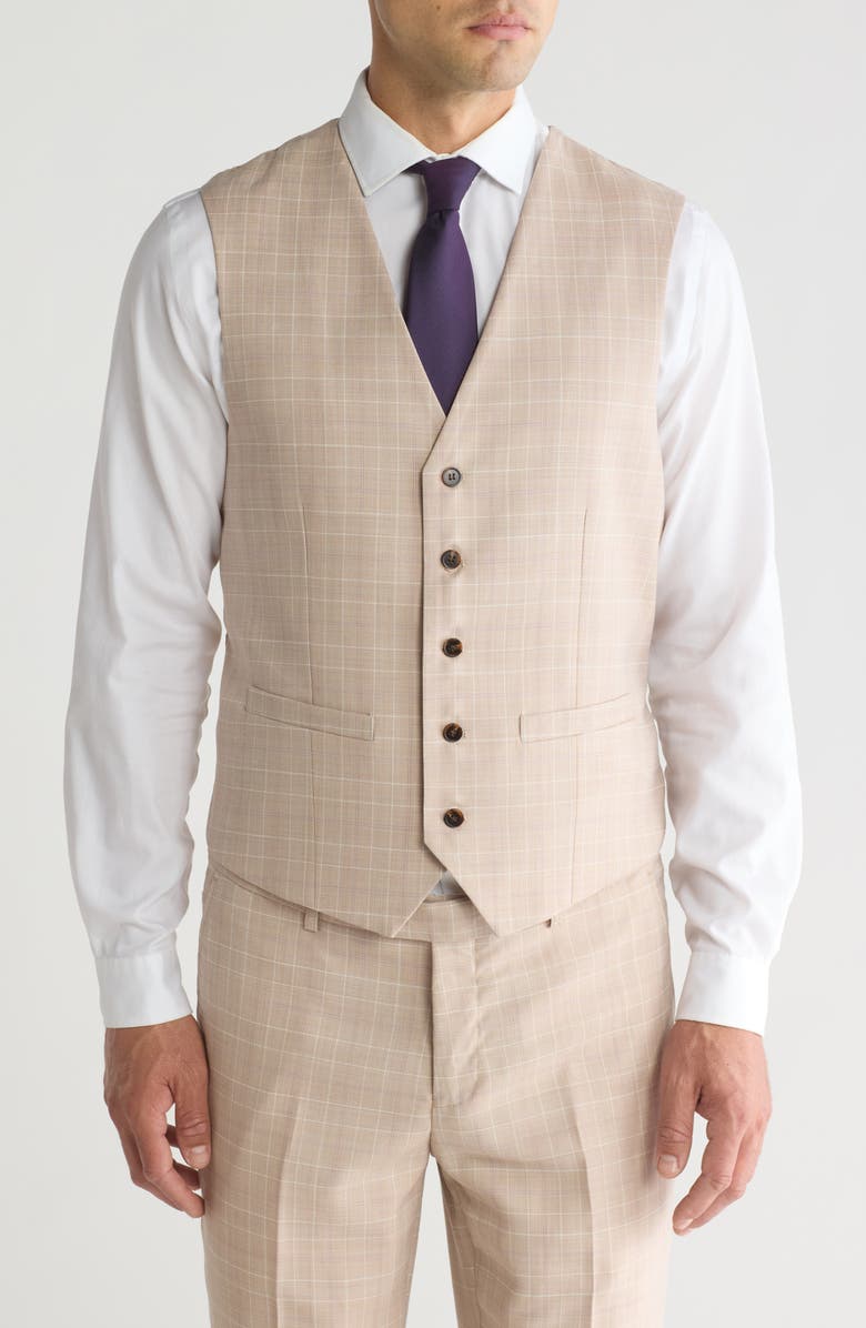 Gino Vitale Slim Fit Check Stretch Three Piece Suit, Alternate, color, Sand