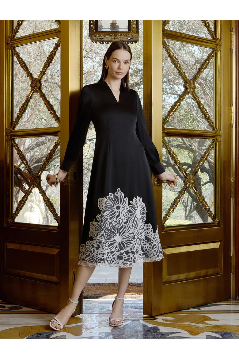 Fit & Flare Lace Crepe de Chine Maxi Dress, Alternate, color, Black/White