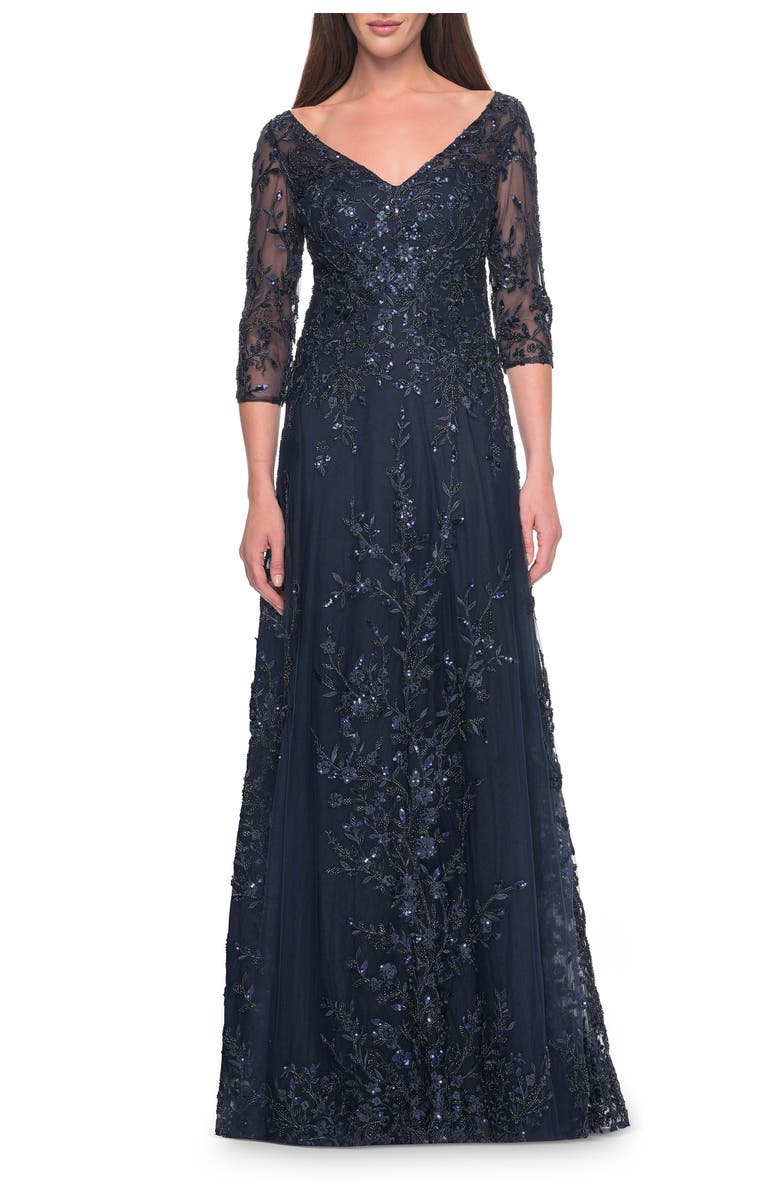 La Femme Stunning Evening Gown with Lace Beaded Design, Main, color, Navy