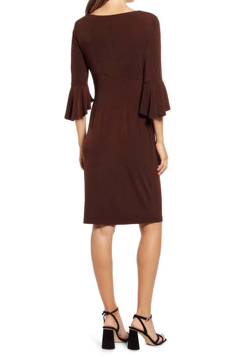 Ruched Bell Sleeve Faux Wrap Cocktail Dress, Alternate, color, COFFEE