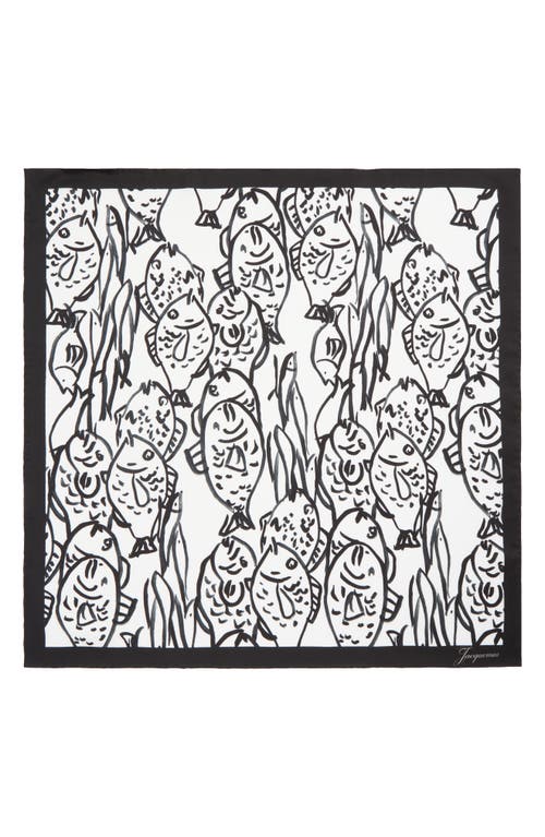 Jacquemus Le Bandana Poisson Square Silk Scarf In Fish Black And White