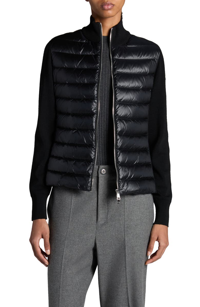 Moncler Quilted Down & Wool Knit Cardigan, Main, color,