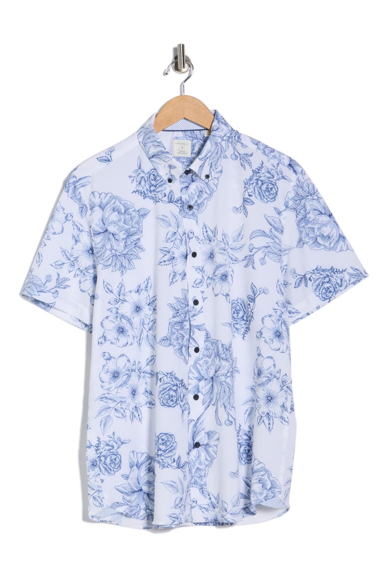 Slim Fit Large Floral Print Short Sleeve Button-Down Shirt, Alternate, color, WHITE/ NAVY