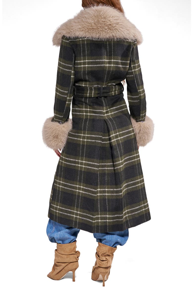 Avenna Plaid Faux Fur Trim Trench Coat, Alternate, color, GREEN MULTI