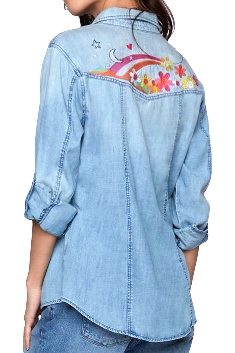 To the Moon & Back Embroidered Denim Graphic Button-Up Shirt, Alternate, color, DENIM