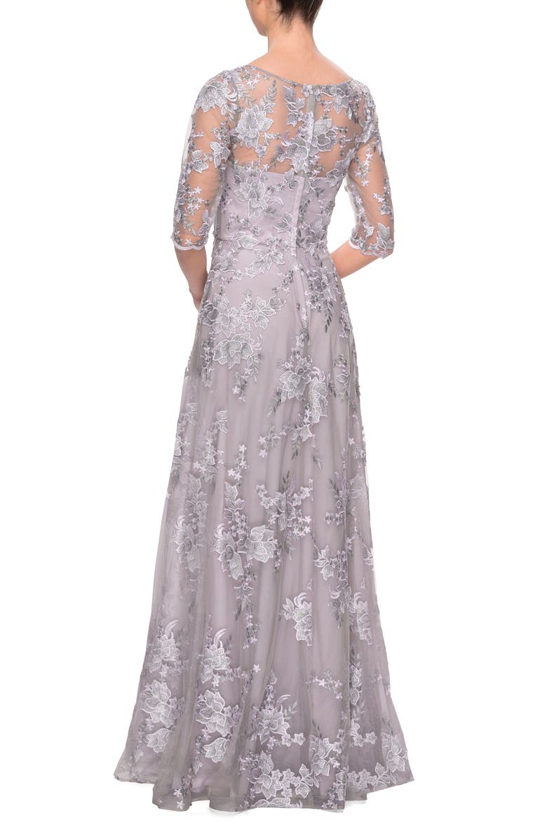 La Femme Shimmer Lace A-Line Gown, Alternate, color, 