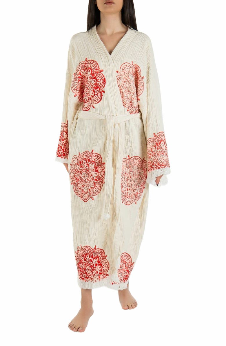 Forever & Always Shoes Aurelia - Red Mandala Handmade Cotton Robe Cover-Up, Alternate, color, Off-White