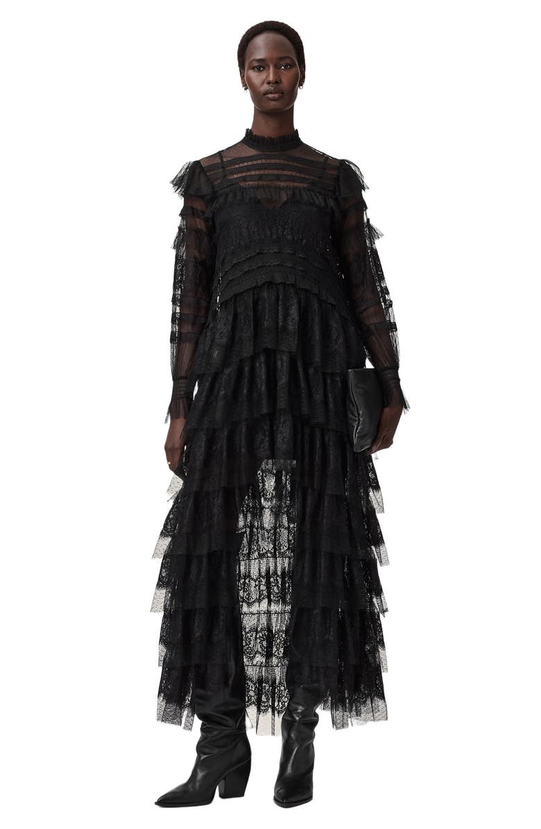 AllSaints Cavarly Lace Ruffle Long Sleeve Maxi Dress, Alternate, color, Lace Black