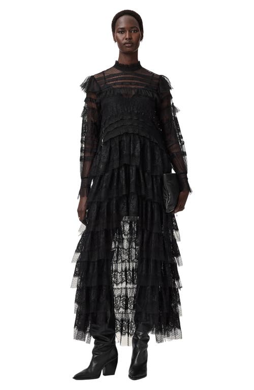 Allsaints Cavarly Lace Ruffle Long Sleeve Maxi Dress In Black