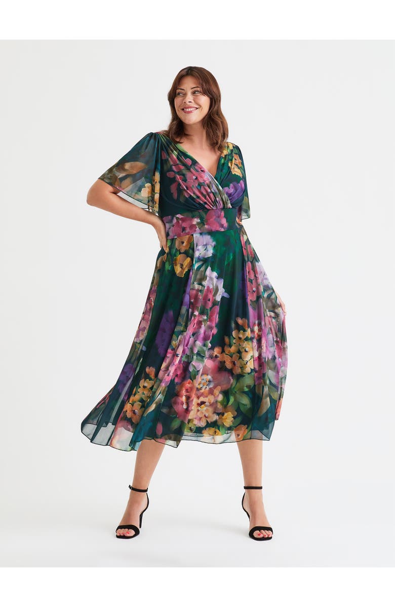 Scarlett & Jo Victoria Floral Angel Sleeve Midi Dress, Main, color, Green Multi