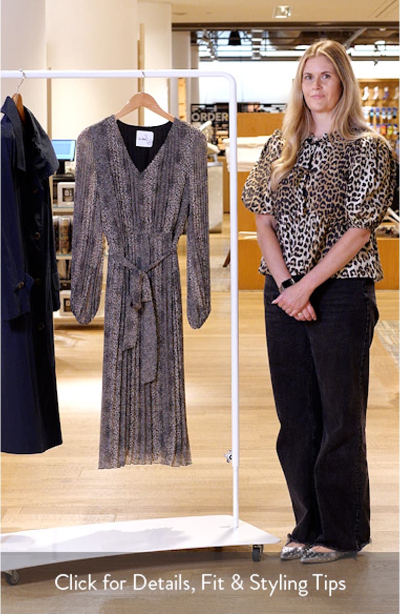 Animal Pleated Long Sleeve Midi Dress, sales video thumbnail