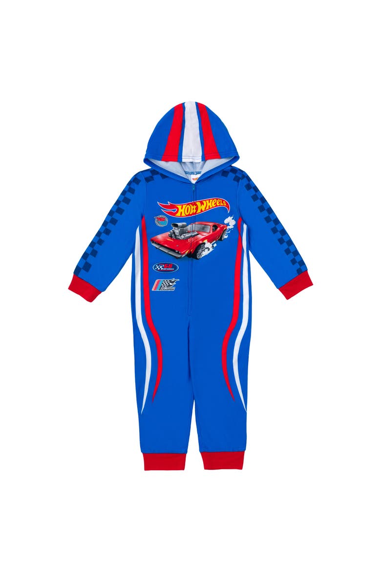 Racing Fleece Hooded One Piece Pajama, Main, color, Royal Blue Red