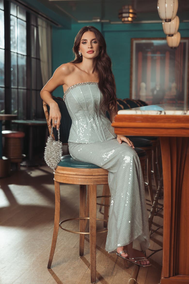 Strapless Sequin Peplum Gown With Rhinestone Trim, Alternate, color, Pale Blue