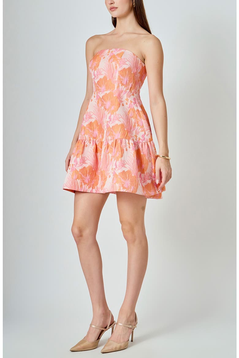 Floral Jacquard Strapless Minidress, Alternate, color, PINK/ ORANGE