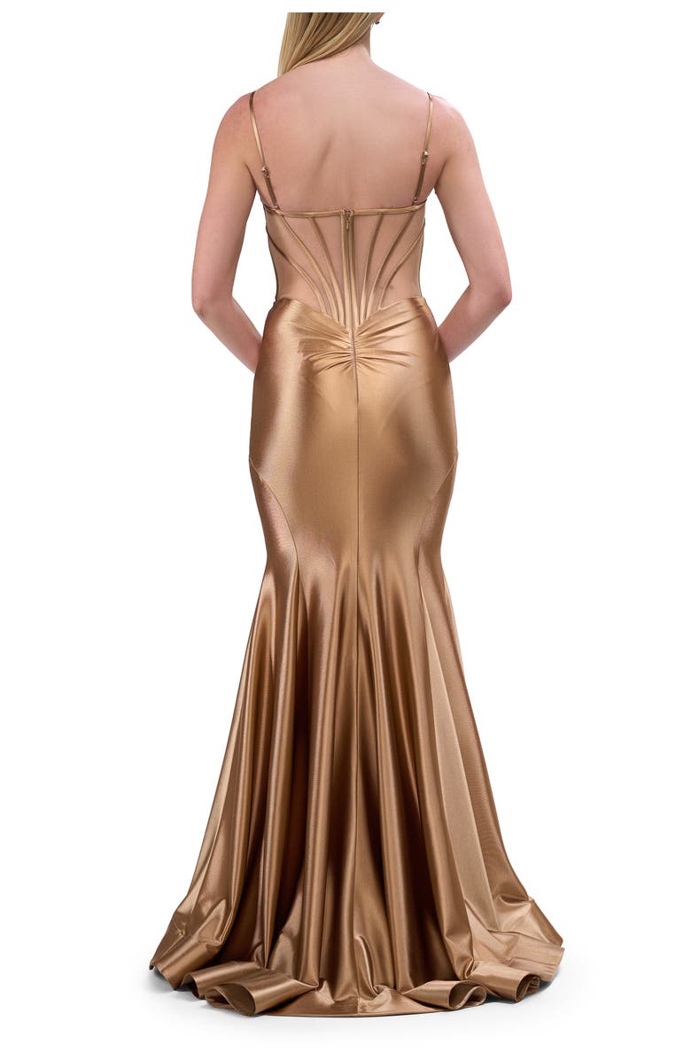 La Femme Chic Stretch Satin Gown with Corset Top and Flare Skirt, Alternate, color, Bronze