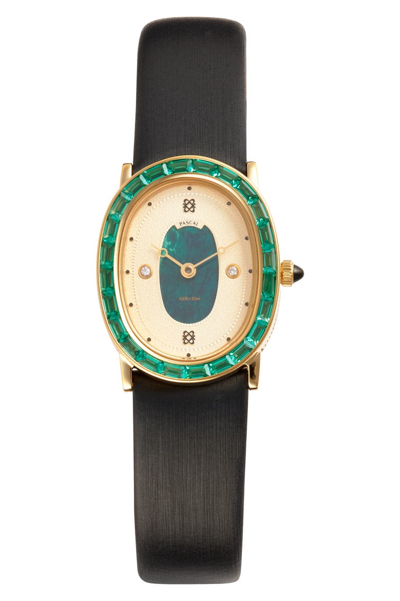 Oval Halo Lab Grown Diamond & Lab Grown Emerald Leather Strap Watch, 24mm x 30mm, Main, color, GREENERY CROWN