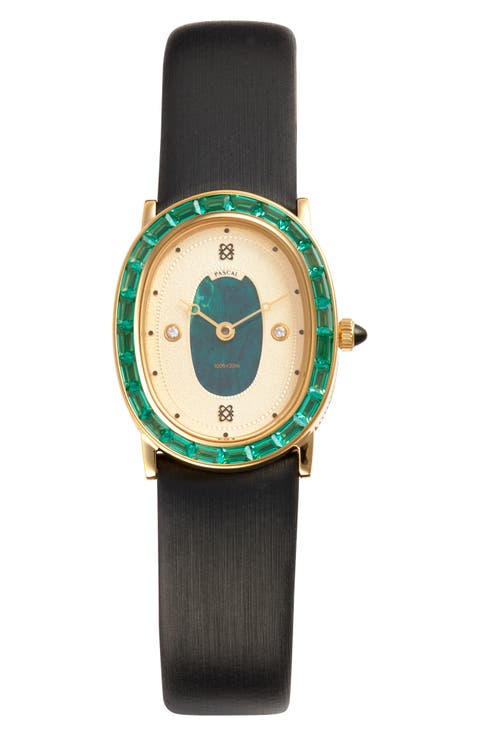Oval Halo Lab Grown Diamond 
Lab Grown Emerald Leather Strap Watch, 24mm x 30mm