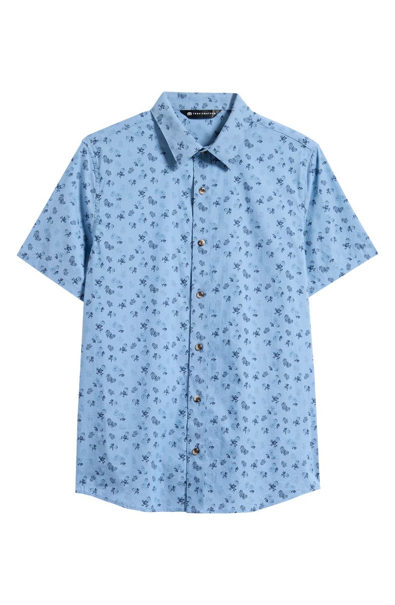 TravisMathew Something New Floral Short Sleeve Stretch Cotton Blend Button-Up Shirt, Alternate, color, Heather Captains Blue