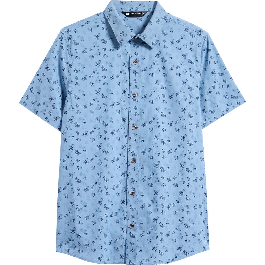 Travismathew Something New Floral Short Sleeve Stretch Cotton Blend Button-up Shirt In Heather Captains Blue