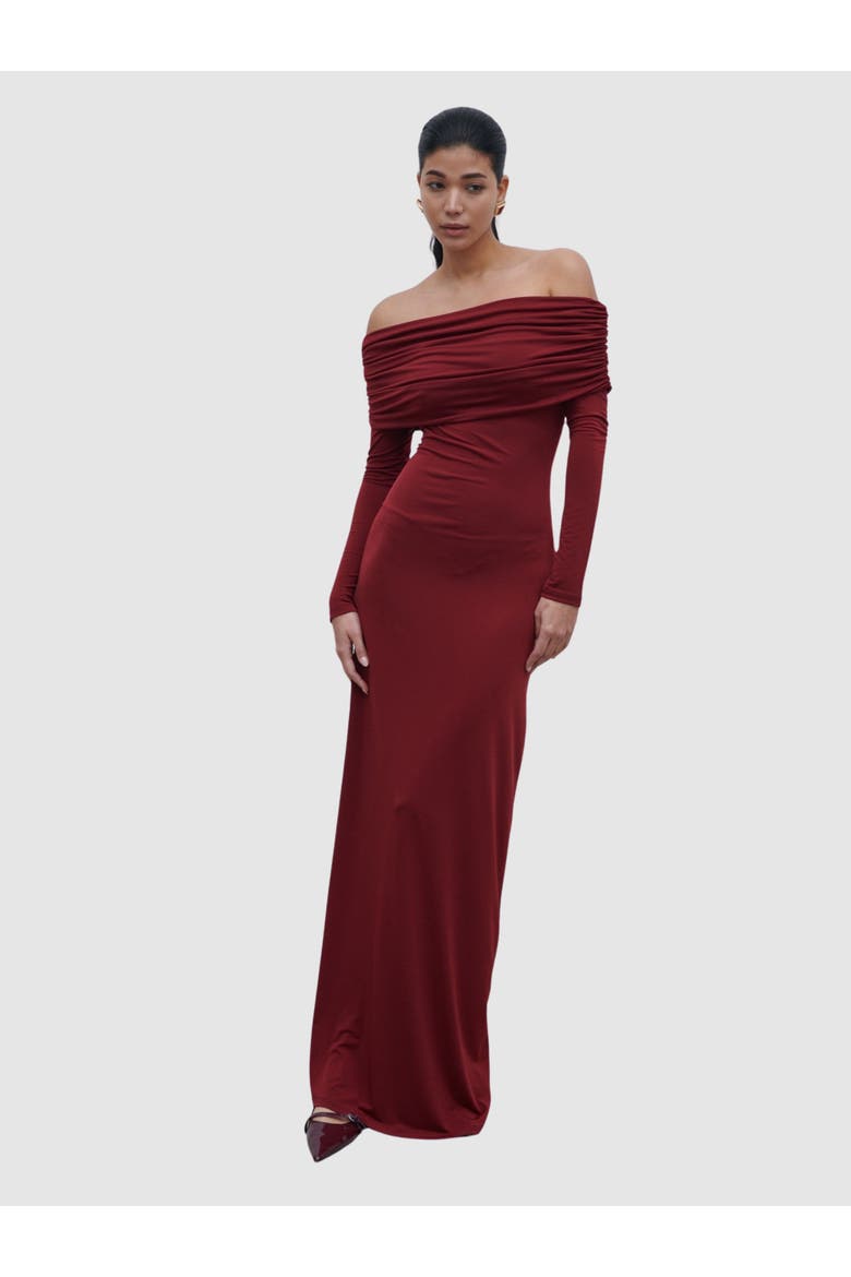 Perrie Bardot Jersey Maxi Dress, Main, color, Burgundy