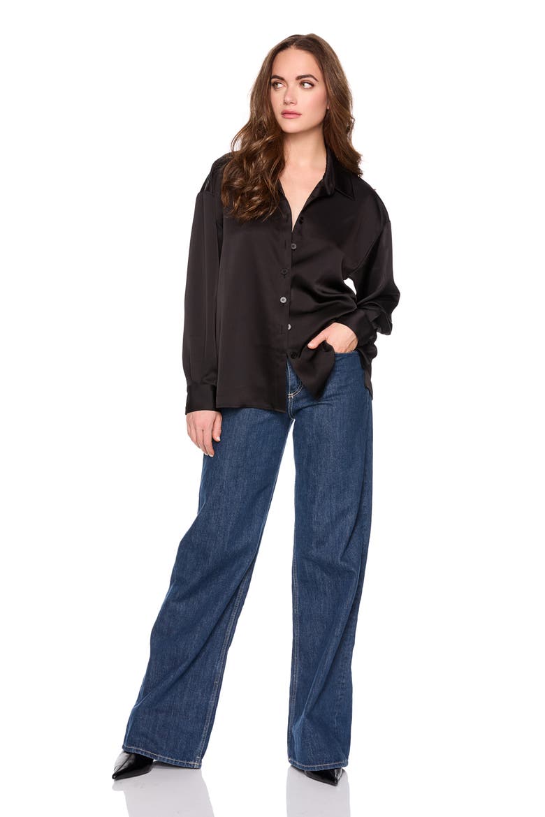 Satin Button Front Shirt, Alternate, color, BLACK