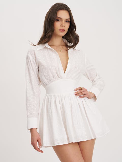 Gabriella Cotton Eyelet Button Up Long Sleeve Shirt Dress
