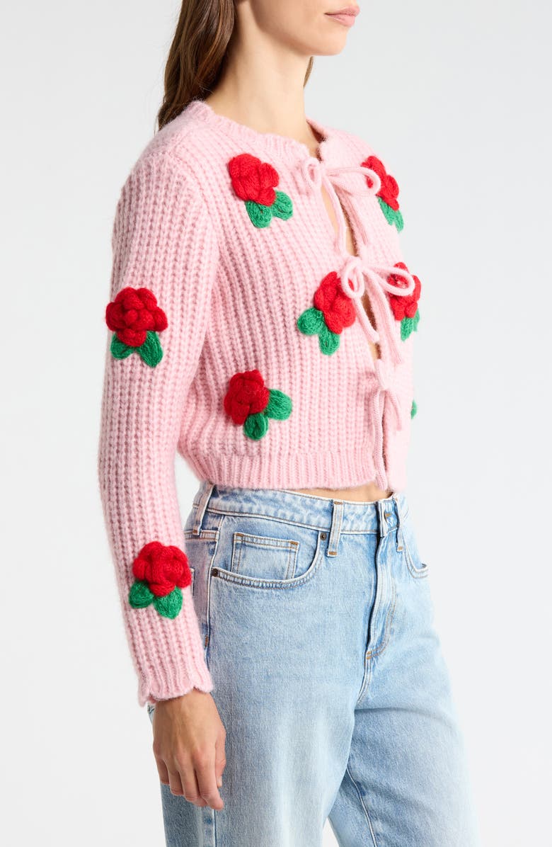 All in Favor 3D Flower Chunky Tie Front Cardigan, Alternate, color, Pink