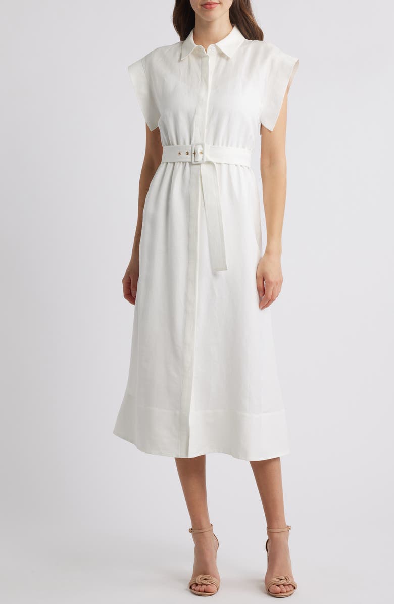 Anne Klein Belted Linen Blend Midi Shirtdress, Main, color,