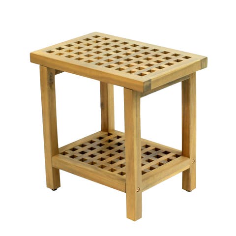 Armin 18.1" Modern Classic Grid Slat Solid Acacia Wood Indoor/Outdoor Shower Stool