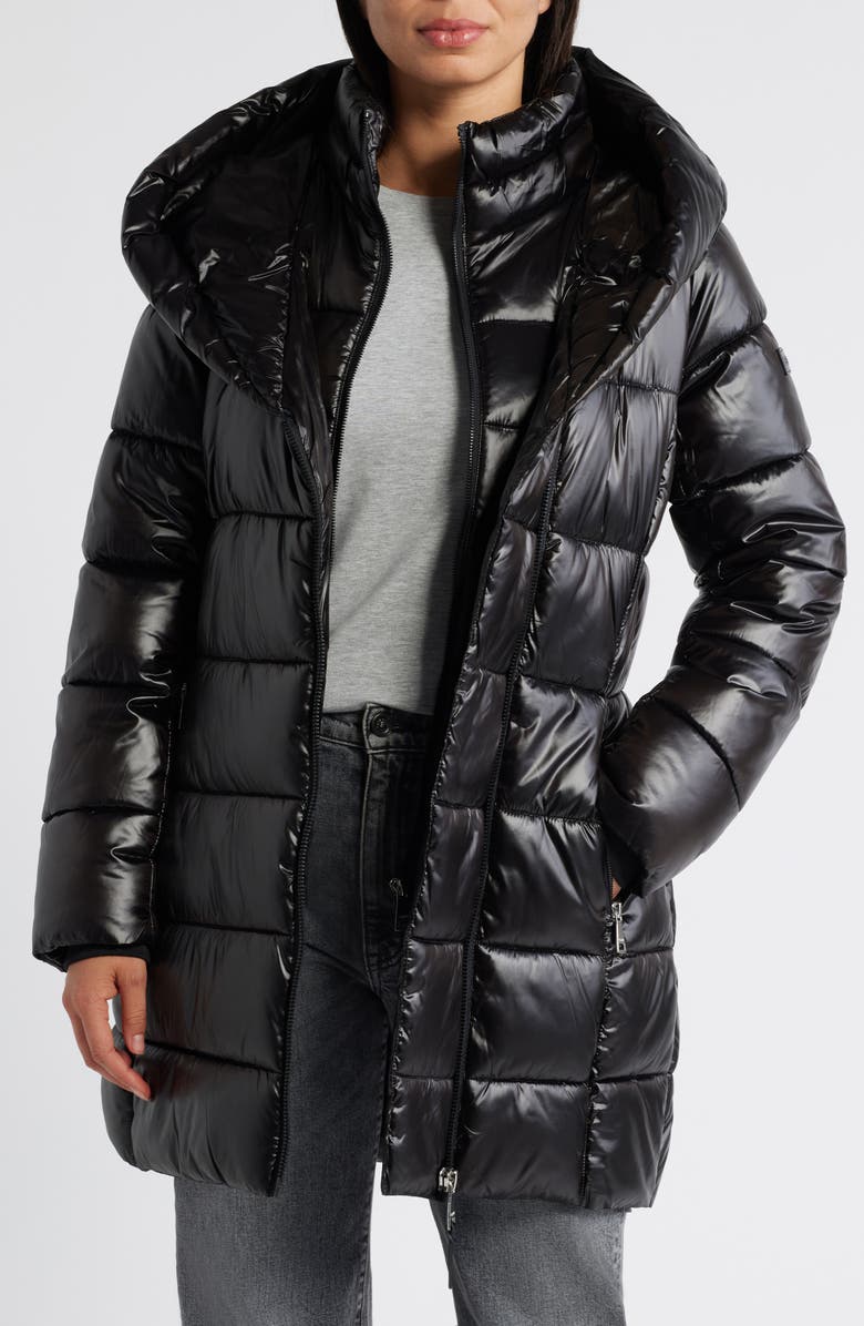 DKNY Asymmetric Bib Packable Quilted Coat, Alternate, color, Black
