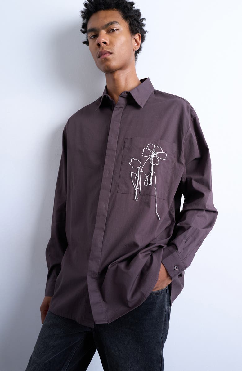 Topman Floral Rope Embroidered Poplin Button-Up Shirt, Alternate, color, Brown