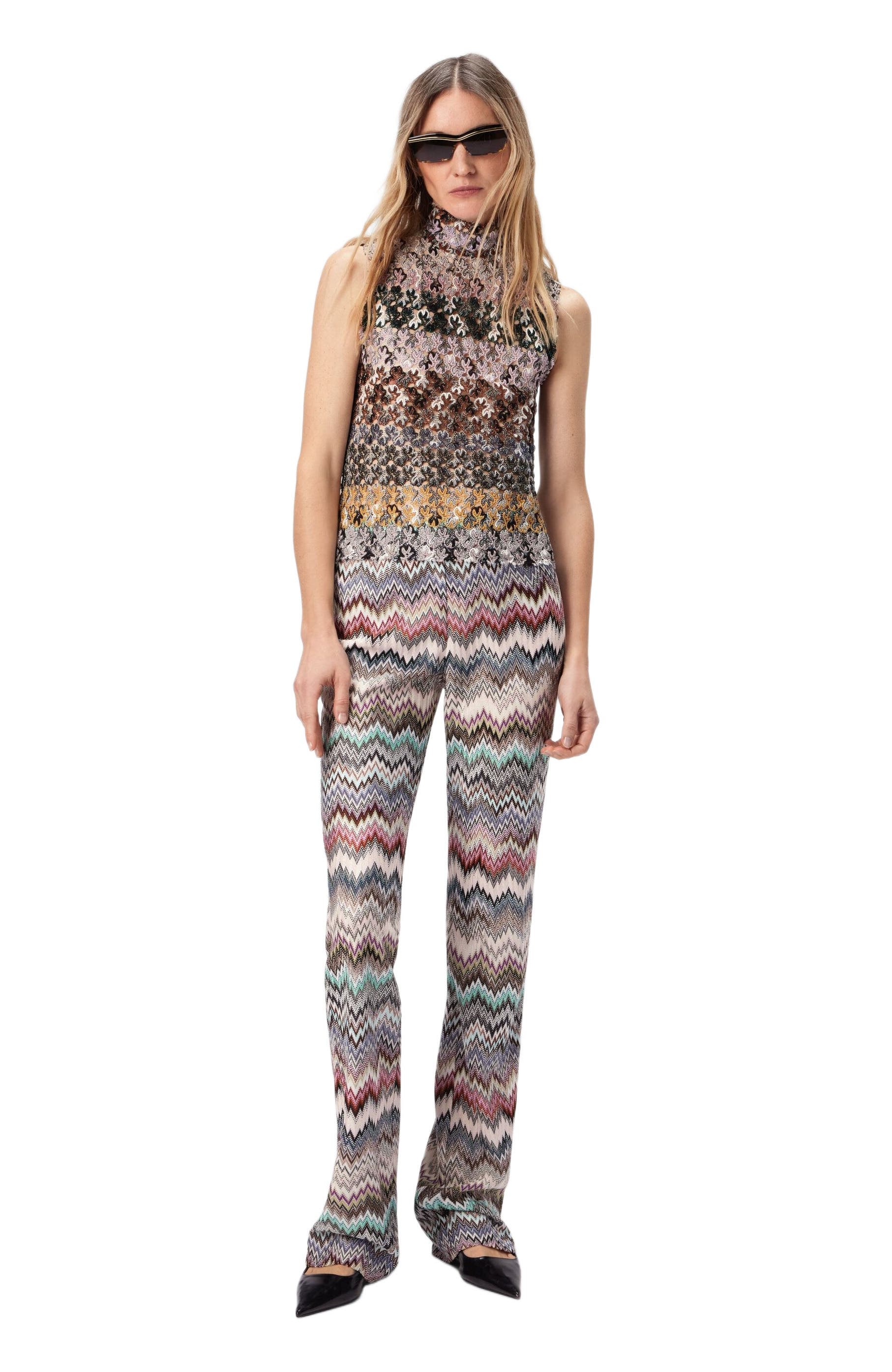 High-neck Top In Striped Embroidered Lace