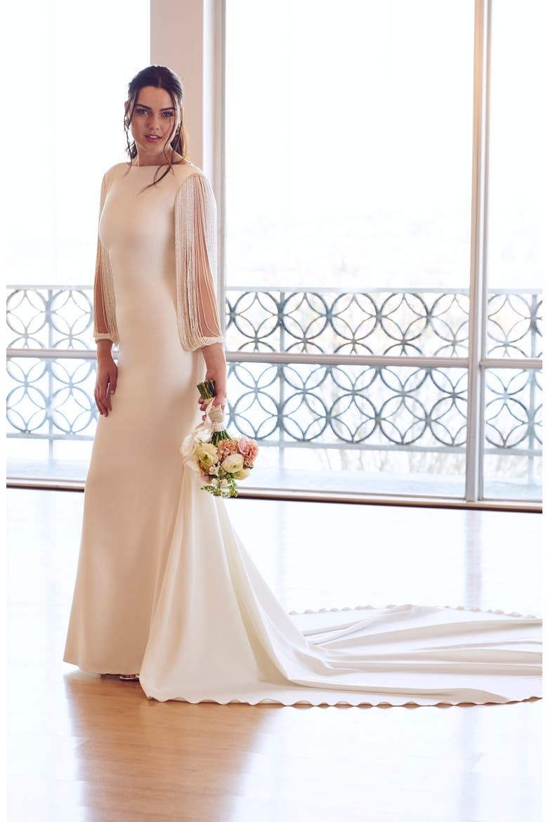 Relato Beaded Long Sleeve Mermaid Gown, Alternate, color, OFF WHITE